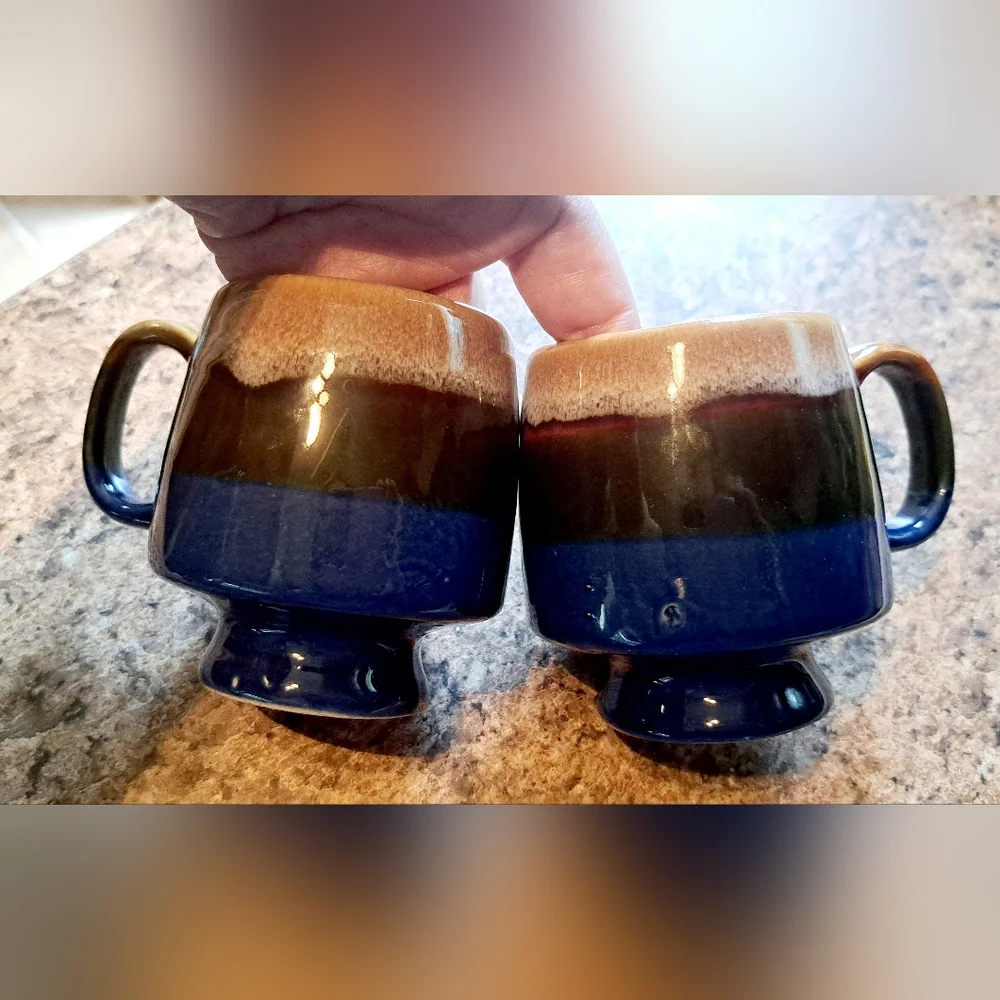 Vtg Retro Drip Glaze High Gloss Stoneware Coffee Tea Cup Mug Blue Brown Cream 2